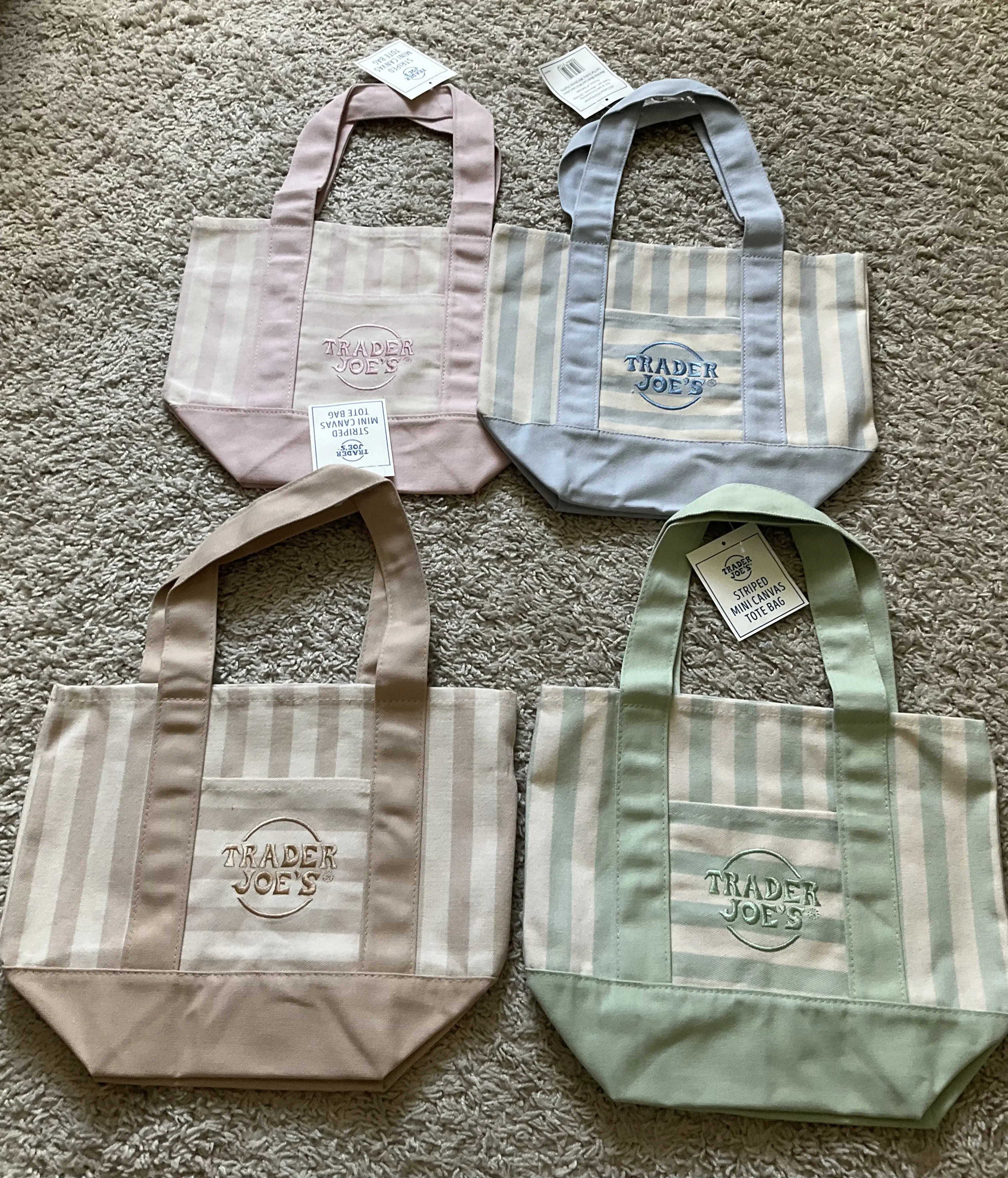 Trader joe's STRIPED Mini canvas tote bags. pastel colors set of 4. blue/pink/SAGE/mint.