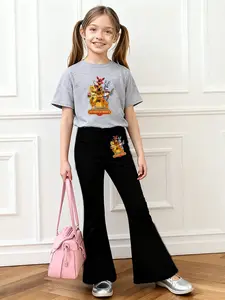 Girl Fnaf Toy Bear Five-Night-Afternoon Palace Cartoon Print Summer Set T-Shirt With Round Neck And Short Sleeves + Flared Pants, Sweet And Cool Fashionable Casual Streetwear Two-Piece Set, Comfortable For Daily Use And Versatile For Outdoor Wear.