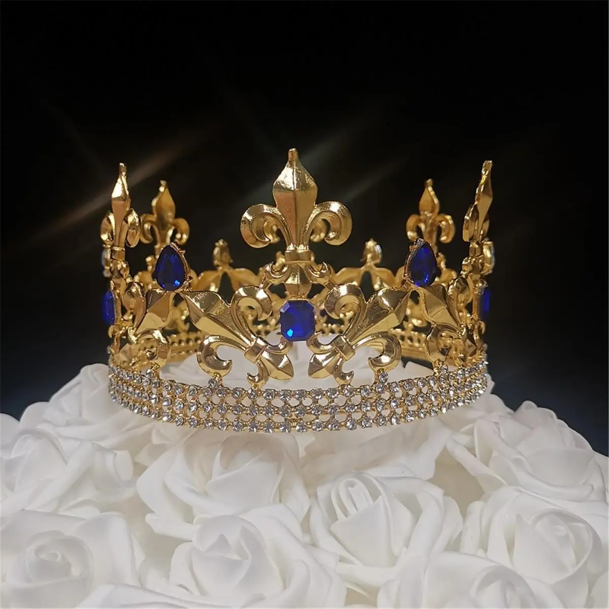 212 MAIN Rhinestone King Crown Cake Topper - 8.4oz Gold Floral Fleur De Lis Regal Decor with Blue Ornaments, for Birthday, Festive Party Cake Decoration Supplies