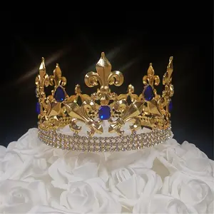 212 MAIN Rhinestone King Crown Cake Topper - 8.4oz Gold Floral Fleur De Lis Regal Decor with Blue Ornaments, for Birthday, Festive Party Cake Decoration Supplies