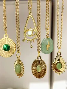 Elegant Green Natural Stone Pendant Necklace with Hollow Eye Golden Charm Vintage Stainless Steel Jewelry Gift for Women