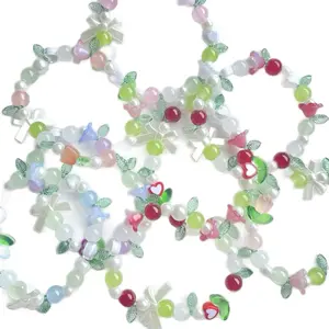 Handmade Stretchy Tulip Bracelets With White Bows And Leaves in Pastel Colors for Spring Fashion