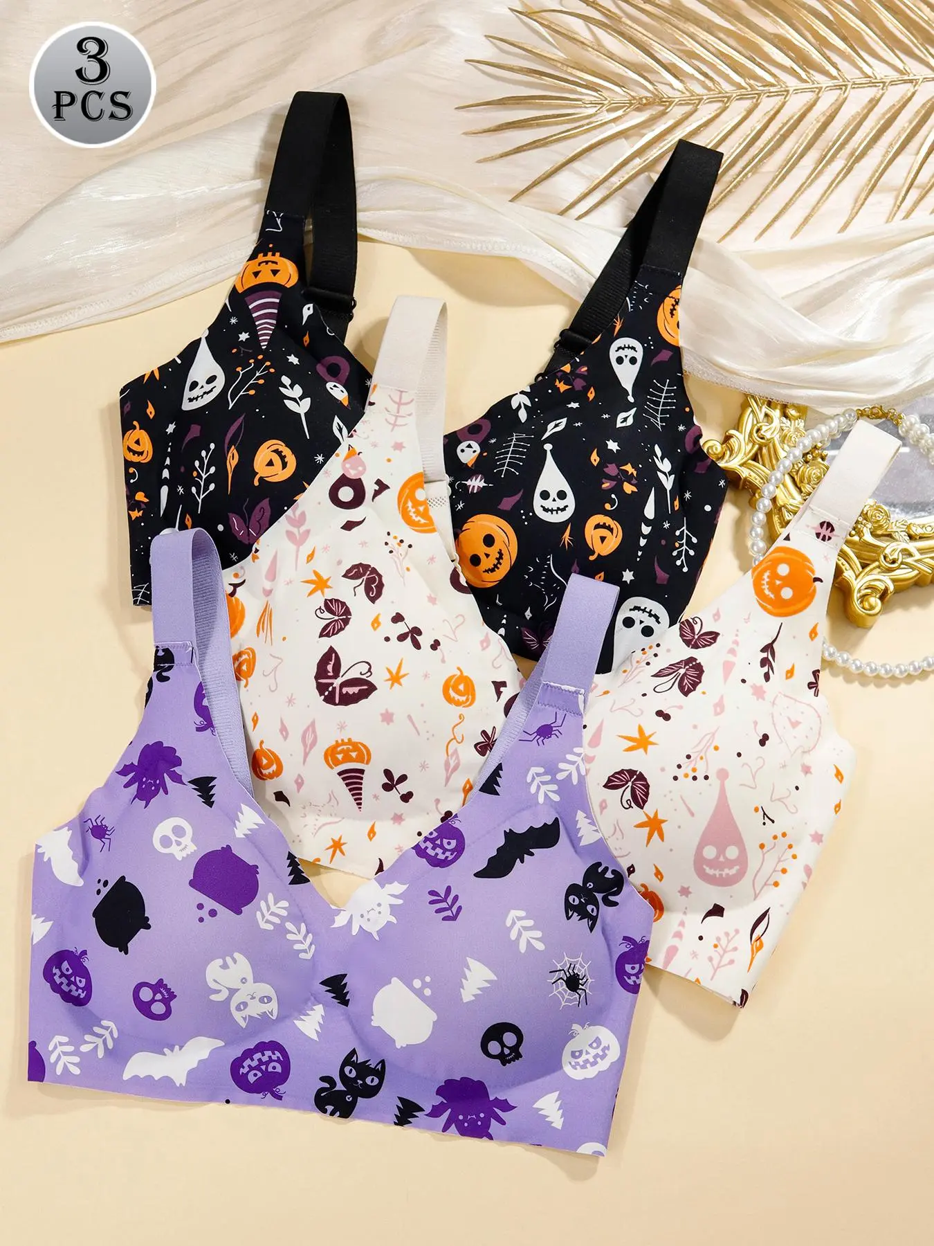 Halloween Print 3-Piece Women's Seamless Push-Up Bra Set Comfortable Underwear for Daily Wear & Special Occasions Perfect Gift Smooth Womenswear summerwins