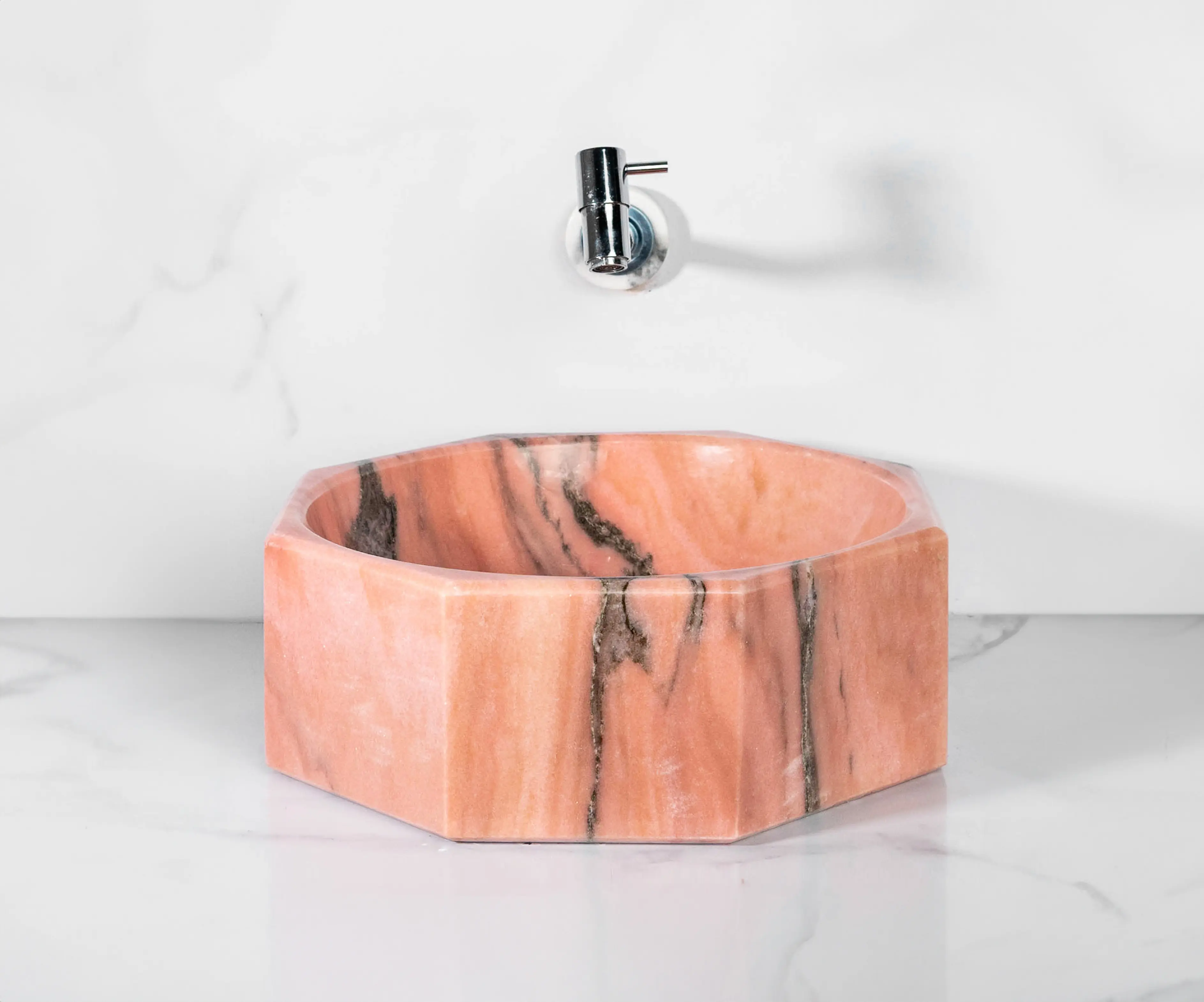 Rose Bahia Octagonal Marble Sink with Free Marble Soap Dispenser for Elegant Bathrooms for Elegant Bathrooms