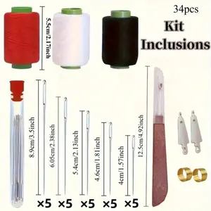 34pcs Large-Eye Sewing Kit for Seniors Hand Needles Easy Threading 3 Spools Polyester Thread Black White Red Storage Tubes Comprehensive Steel Needle Set for Home Quilting Crafting