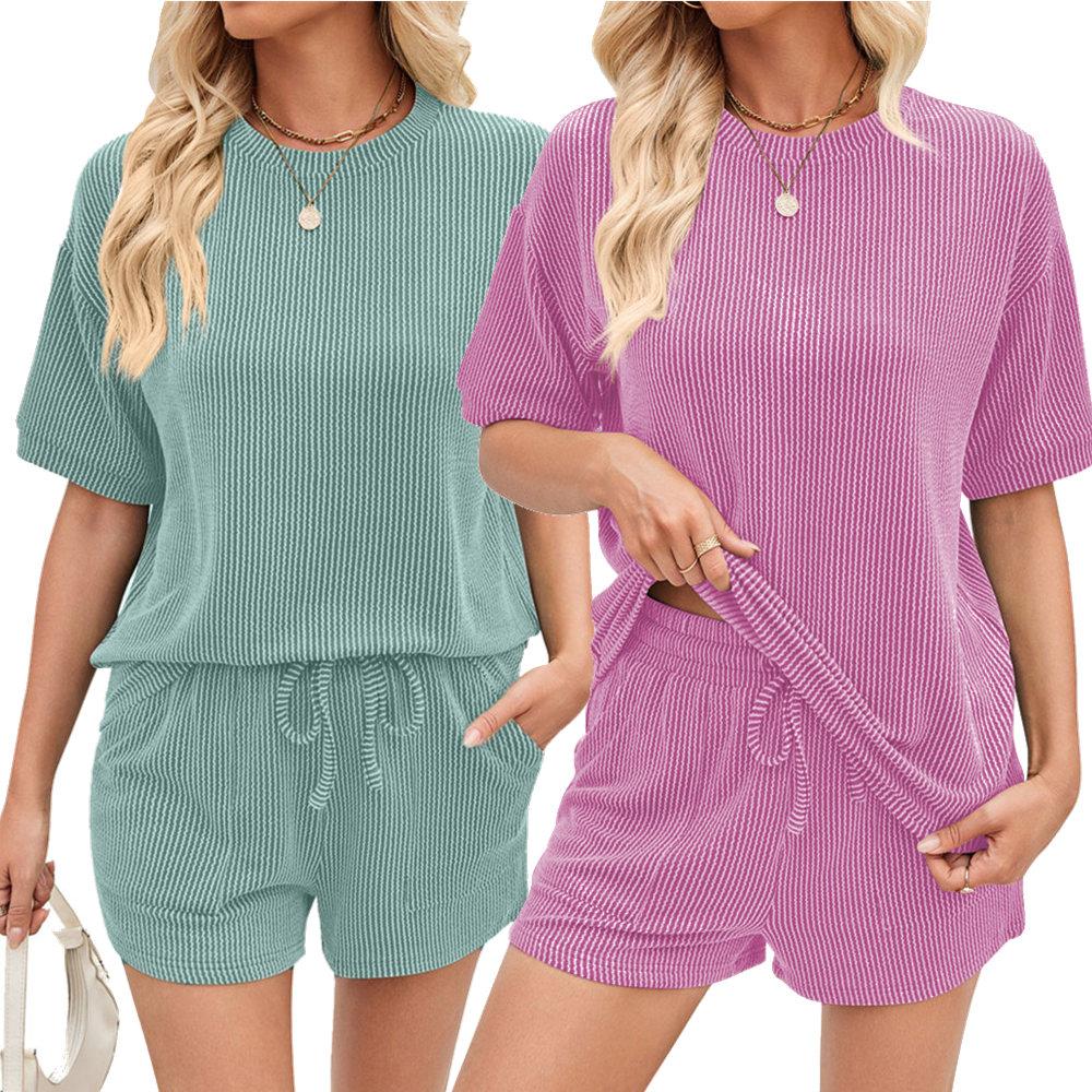 Women's Two Piece Set Summer Lounge Tracksuit Outfits Shorts & Short Sleeve Tops Knitted Clothes Spring Sportswear Sport