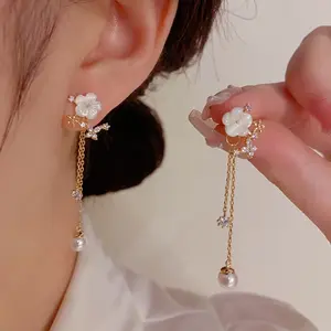 LisiZen S925 Silver Needle Forest Style Light Luxury Fresh Mother of Pearl Flower Dual-Wear Tassel Earrings Artistic Sweet Versatile Fashion Earrings DZEH5538