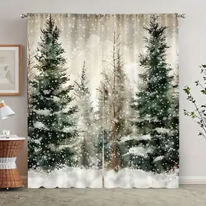 2-Piece set, winter snowflake and pine print curtains, landscape design, translucent rod pocket design, modern holiday decoration, suitable for living room, bedroom, game room, study home decoration, Christmas decor, festival room decor, Window Curtain