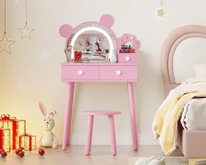 Bear-Shaped Lighted Mirror Vanity Table and Chair Set - Wooden Princess Makeup Desk with Storage Drawers,  Includes Stool for Little Girls Bedroom