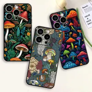 Nice Mushroom Pattern Phone Cases,Black Shockproof Smartphone Protection Case With Lanyard Hole,Soft Liquid Silicone Cellphone Casing Cover for iPhone iPhone 17 pro max and16 Pro Max 15 Plus 14 13 12 11