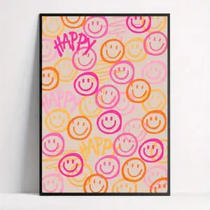 Happy Smile Face Cartoon Canvas Art Print - Frameless Wall Hanging Decor, Preppy Style Art Decor Modern Retro Poster For Home Office, Bathroom, Living Room, Bedroom, Kitchen - Indoor Ink Artwork Gifts Birthday Graduation