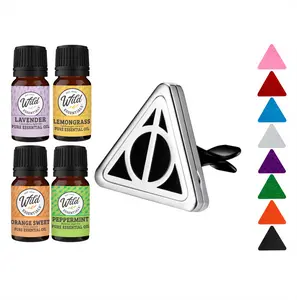 Wild Essentials Potter Hallows Essential Oil Car Vent Diffuser Kit With Lavender, Lemongrass, Peppermint, Orange Oils, Stainless Steel Locket Pendant, 8 Refill Pads, Customizable Color Changing Air Freshener