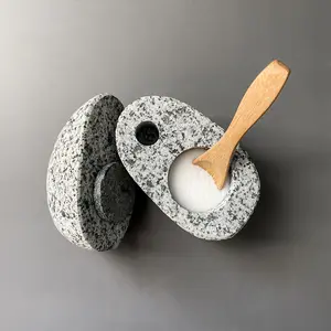 Handcrafted Stone Salt Cellar with Lid – Natural Granite Salt Container with Bamboo Spoon for Kitchen & Dining Storage