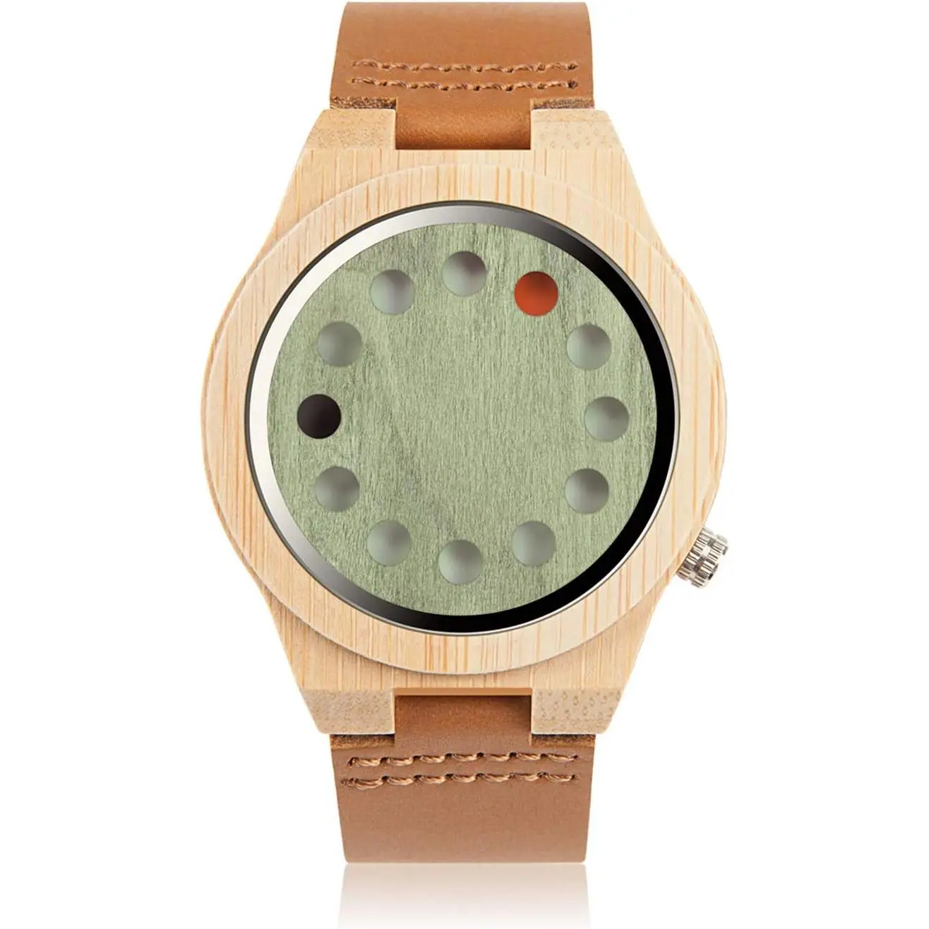 Men's Bamboo Wooden Watch with Black Cowhide Leather Strap 12 Holes Timer Design Sports Casual Watches