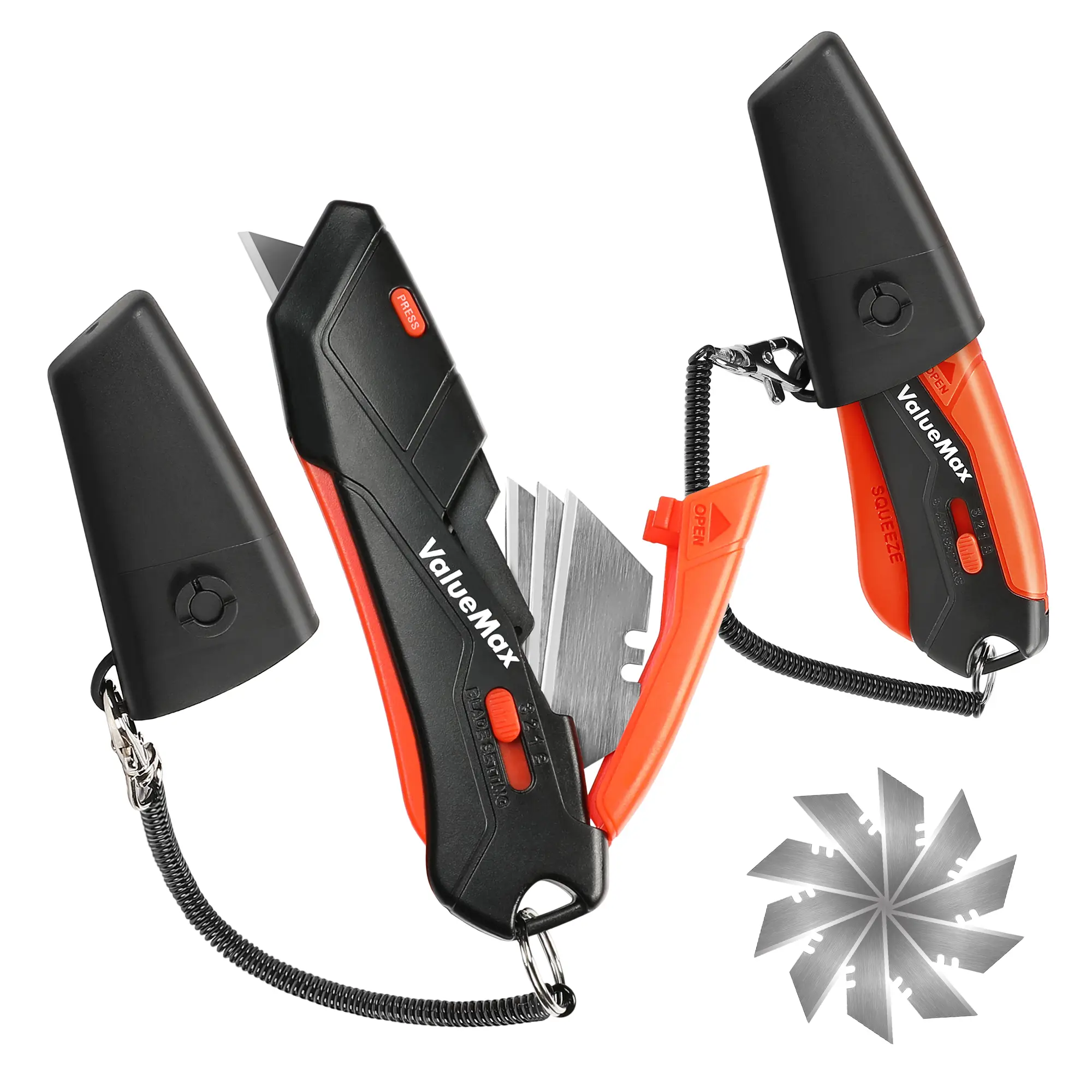 #fathersdaygift ValueMax 2-Pack Box Cutter Knife, Cardboard Cutter with Self-Retracting 3-Position Locking Blade, Safety Sheath, Lanyard, Extra 18 Blades Included, Blade Storage Design