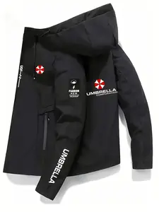 Custom Umbrella Corporation Hooded Jacket, Neon Line Military Function Windbreaker, Reflective, Long Sleeve, Casual Fitted Geometric Pattern, All Seasons