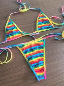 Women's Bikini Set Three-Piece Transparent Tie Mini Suit Sexy Underwear, Plunging Thong Design, Perfect Gift for Girlfriend, Striped Print Bikini, Tie Back Bikinis