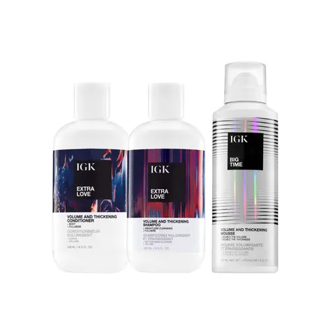 IGK GO BIG OR GO BIGGER | VOLUME 3-STEP SYSTEM BUNDLE | Extra Love Shampoo + Extra Love Conditioner + Big Time Volume & Thickening Mousse