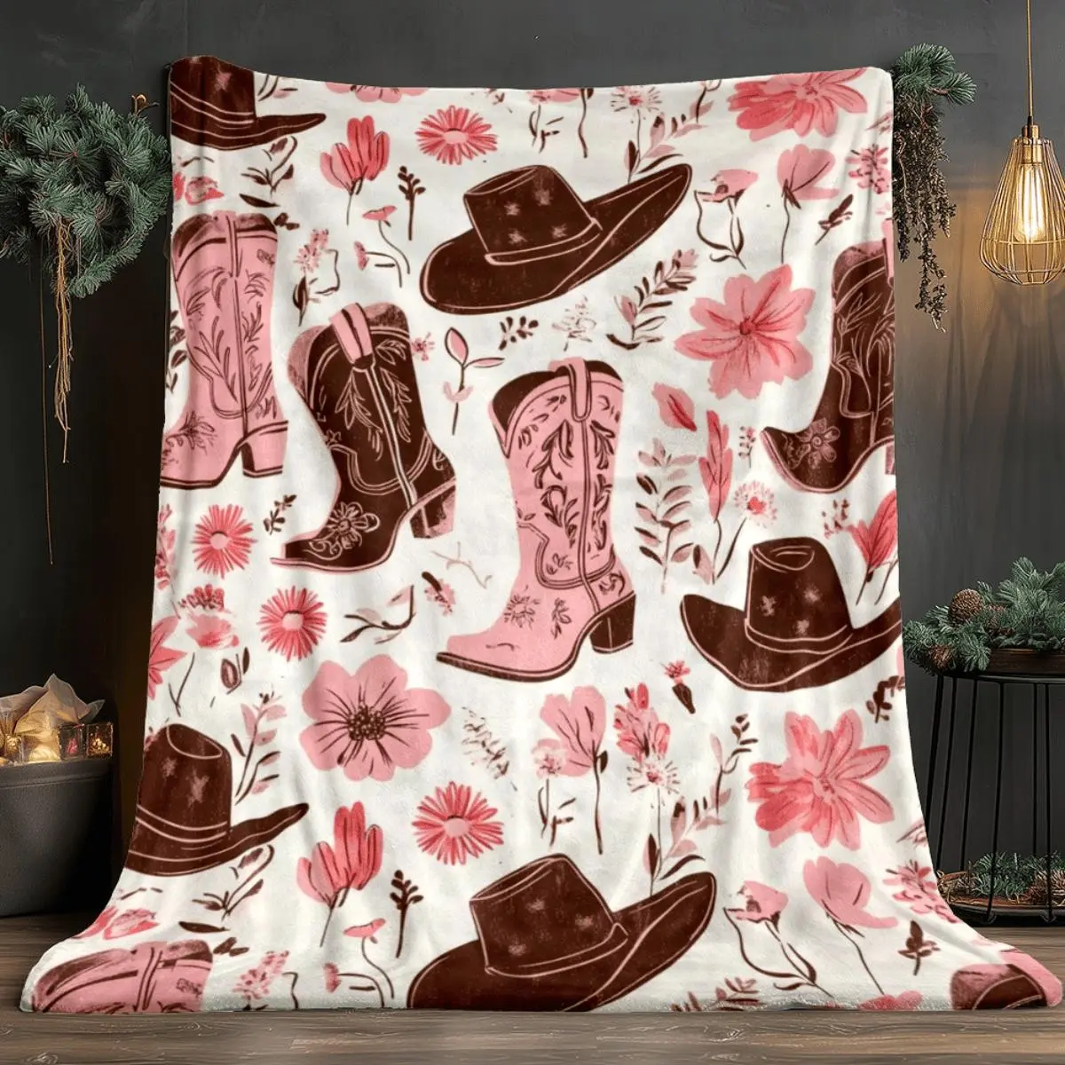 Pink Cowgirl Western Flannel Throw Blanket, Soft Cozy Cowboy Boots & Hats Blanket with Floral Design, Lightweight Fleece Blanket for Sofa Couch Bed Bedroom Decor, Rustic Country Home Gift