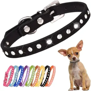 Rhinestone Dog Collar Suede Leather Crystal Colorful Bling Girl Puppy Cat Collars Xs Small Pets (s  Black)