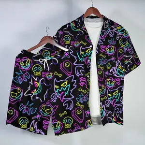 Men's Short-Sleeve Casual Gengar Hawaiian Shirt, Tropical Button-Up with Neon Ghost Pattern Hawaiian Short, Soft Fabric Unisex Matching Beach Outfit Gift