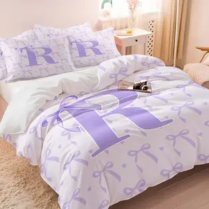 2/3 Pcs Light Purple Bow Duvet Cover Set, Monogrammed Bedding Sets, Soft and Comfortable, Zipper Design Removable, Boys and Girls Children's Room Bedroom Decoration, No Filler