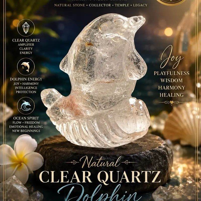 Natural Clear Quartz Dolphin Carving with Ocean Wave Base - 0.60 lbs (272 g) Natural Crystal Room Decor, Home House Decor Statement Item crystals store