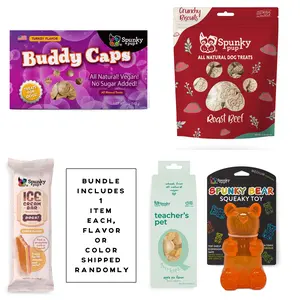 5 Items Dog Treats Bundle: 1 x 10oz Everyday Biscuits, 1 x 10oz Quirkies, 1 x 5oz Box Treats, 1 x Dog Ice-Cream Bar, 1 x Gummy Bear Treat Dispenser with 1.5oz Peanut Butter Treats or 1 x Gummy Bear Squeaky Toy (Flavors/Color Shipped Randomly)
