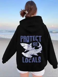【Plus Size】 Shark Print Drop Shoulder Hoodie, Fashion Casual Letter Print Kangaroo Pocket Hooded Sweatshirt for Daily Holiday Outdoor Wear, Women Clothing for Fall & Winter