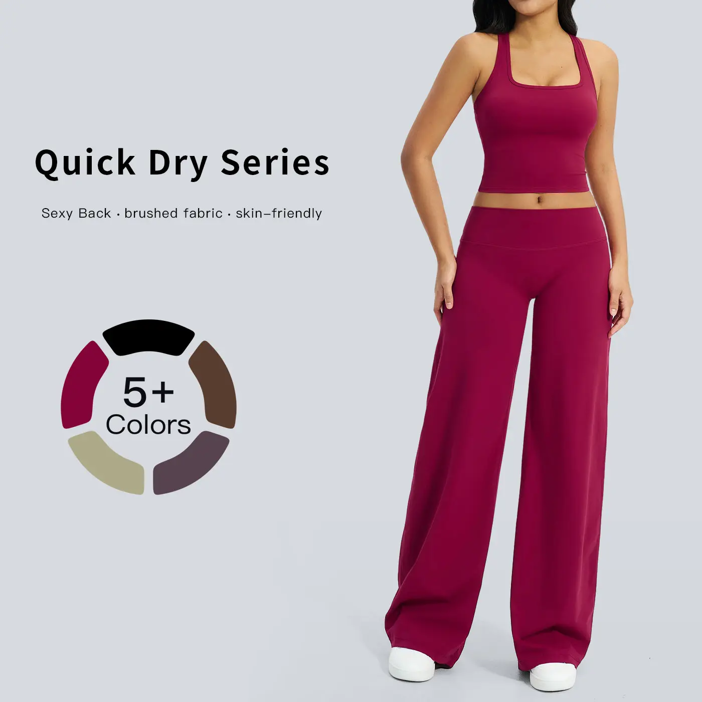 Tenwolf women’s two-piece solid-color cropped tank top and wide-leg pants athletic set, comfortable and breathable sportswear suitable for yoga and running