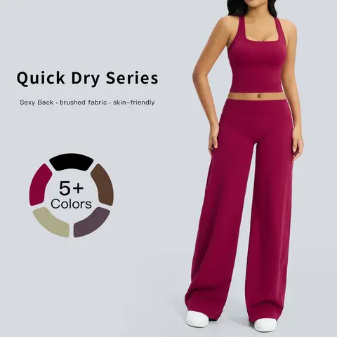 Tenwolf Female 2-Piece All Seasons Solid Color Sleeveless Cropped Tank Top & Wide-Leg Below the Ankle Pants Workout Set, Comfortable Breathable Run-Ready Sportswear for Yoga/Running, Cold Wash Compatible