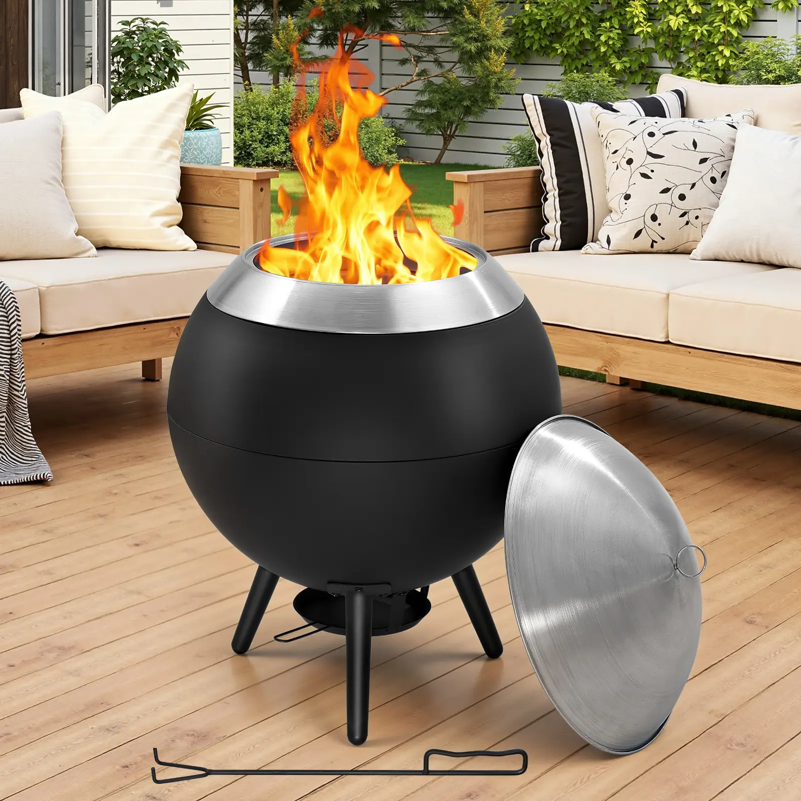 20 Inch Smokeless Firepit, Stainless Steel Outdoor Fire Pit with Waterproof Lid, Removable Ash Pan, Handbag, 2 in 1 Potable Fire Pits for Outside Wood Burning, Bonfire, Camping, Picnic, Black