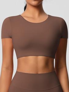 women's solid round neck crop sports tee, casual short sleeve crew neck t-shirt for daily outdoor wear, ladies sportswear for all seasons valentine's day, gym tops, workout clothes