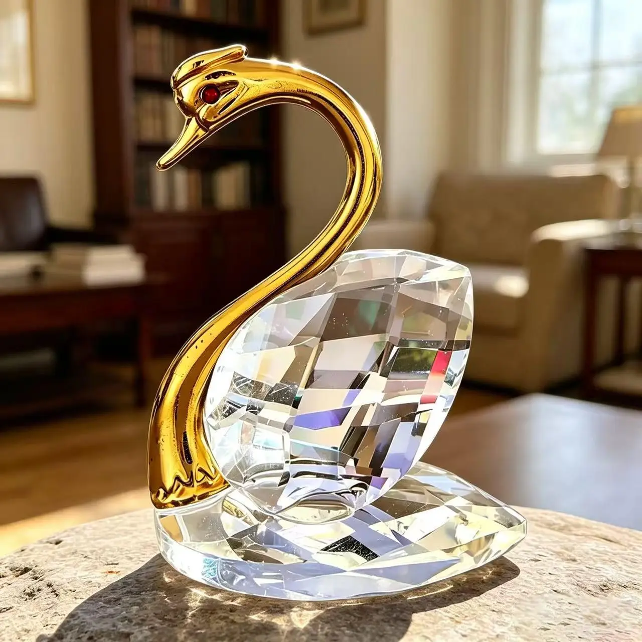 Crystal Swan Decorative Figurine with Gold Accent and Red Eye Detail for Home, Room, and House Decor, Room Decor
