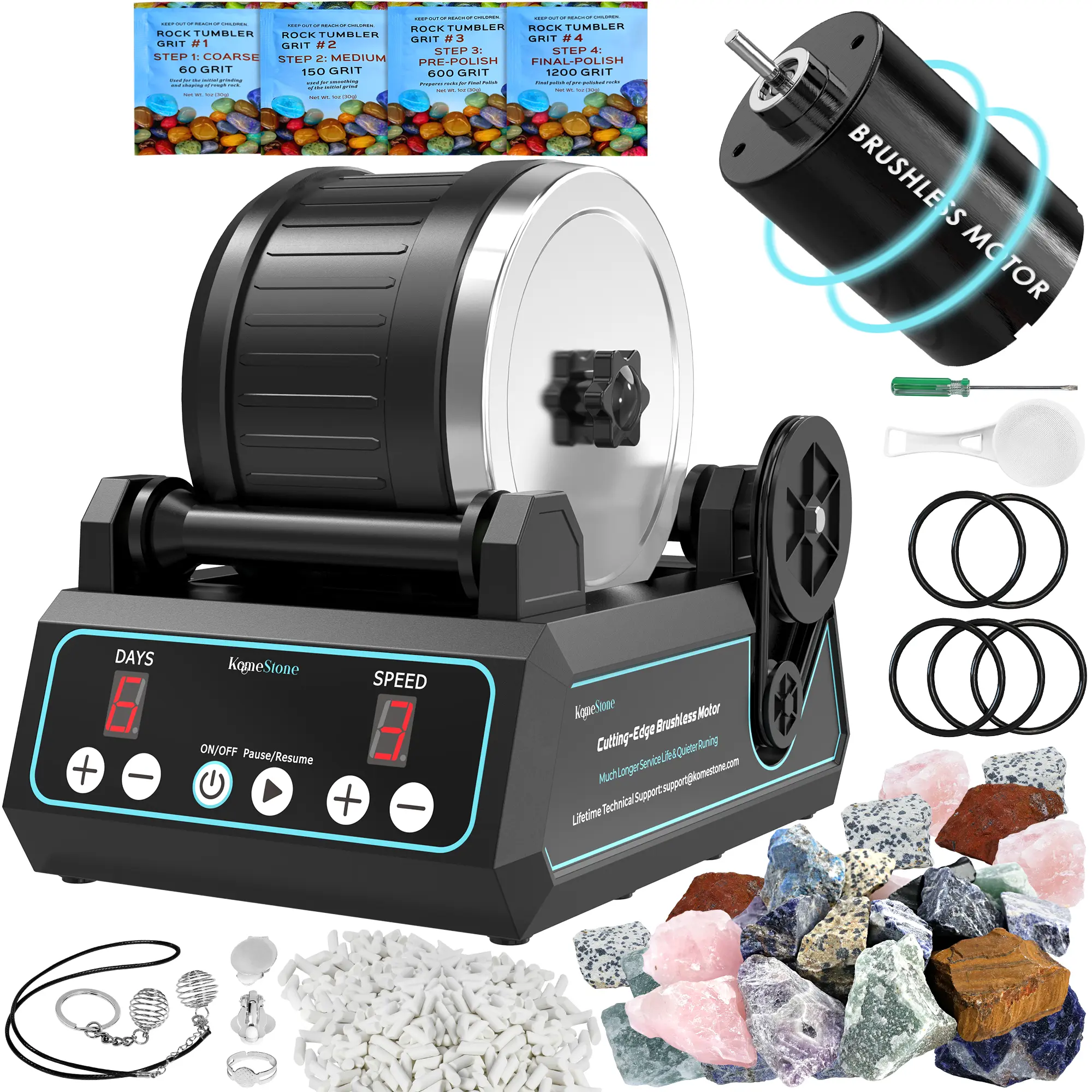 KomeStone K1 Pro Professional Cutting-Edge Brushless Motor Advanced Rock Tumbler Polisher Kit, Extra Large 2.5Lb Barrel with 3-Speed Motor 9-Day Timer, 6 Belts, Rough Gemstones, 4 Polishing Grits etc., Perfect for Adults & Kids