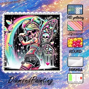 DIY 5D Flock Cloth Diamond Painting Craft Set, Diamond Painting Kits, AB Rhinestones, Crystal Rhinestones, Girl, Rainbow, Butterfly Diamond Embroidery, Craft Diamond Art Kit, Wall Decoration, Gift for Family, Loved Ones, and Friends, Handicraft