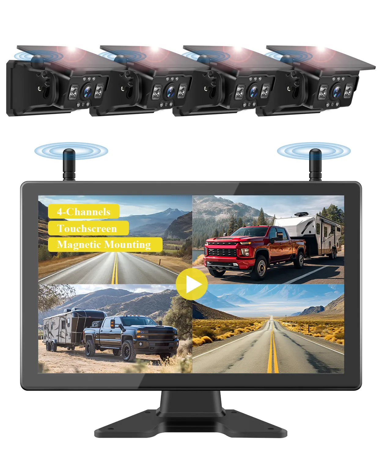 VEKOOTO VK101 4-Magnetic Digital Solar Wireless Backup Camera with 10.1'' Touchscreen Monitor, 15800mAh Rechargeable, Plug-Mount Metal Design, Waterproof, No Wiring, HD1080P Night Vision for Trucks, RVs