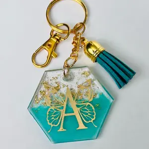 Cute Personalized Keychain with Matching Tassel - Hexagon Shape, Durable Resin & Acrylic, Hook & Loop Closure, Customizable Initial Design