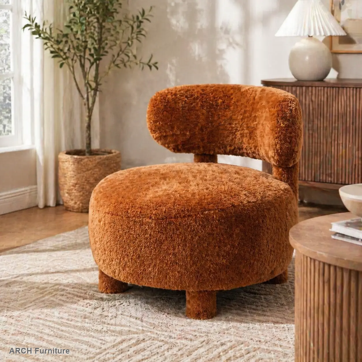 063-Fur Fabric armless accent chair with curved backrest and solid wooden legs upholstered chair slipper side chair for primary living space bedroom vanity room or reading room,Khaki, Fabric Lounge Chair, Furry Accent Chair, Vanity Chairs