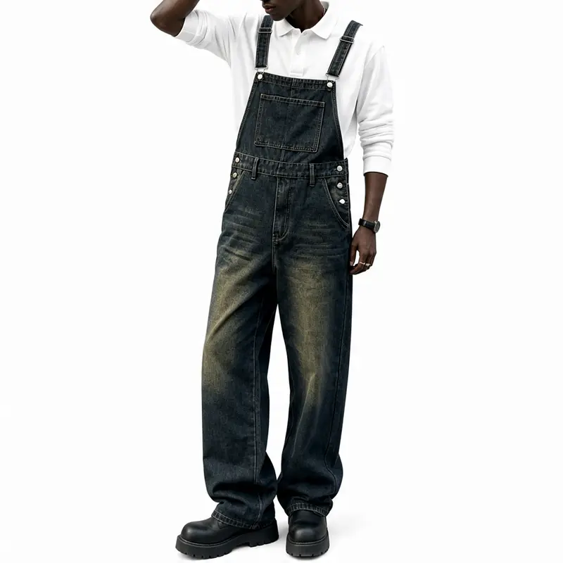 Men's Vintage Straight Raw Wash Plain Denim Bib Overalls - Minimalist Basic Everyday Overalls with Buckle Straps, Pockets, Baggy Distressed Loose Fit, All Seasons Below Ankle Workwear Jumpsuit for Outdoor Menswear