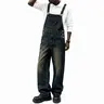 Men's Vintage Straight Raw Wash Plain Denim Bib Overalls - Minimalist Basic Everyday Overalls with Buckle Straps, Pockets, Baggy Distressed Loose Fit, All Seasons Below Ankle Workwear Jumpsuit for Outdoor Menswear
