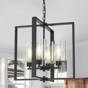 4-Light Farmhouse Chandelier Light Fixture, 18in Black Dining Room Chandeliers with Glass Shade Modern Lighting Fixtures Ceiling Pendant Lamp for Kitchen Island Entrance Foyer Living Room