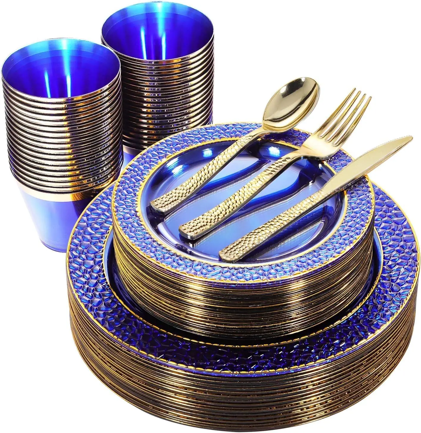 150PCS Sturdy Bend-Resistant Blue-Gold Filigree Rim Disposable Plastic Tableware Pack - 50 Plates,25 Cups,25 Forks,25 Knives,25 Spoons, Festive Dinner Sets for Wedding, Hanukkah Party Supplies