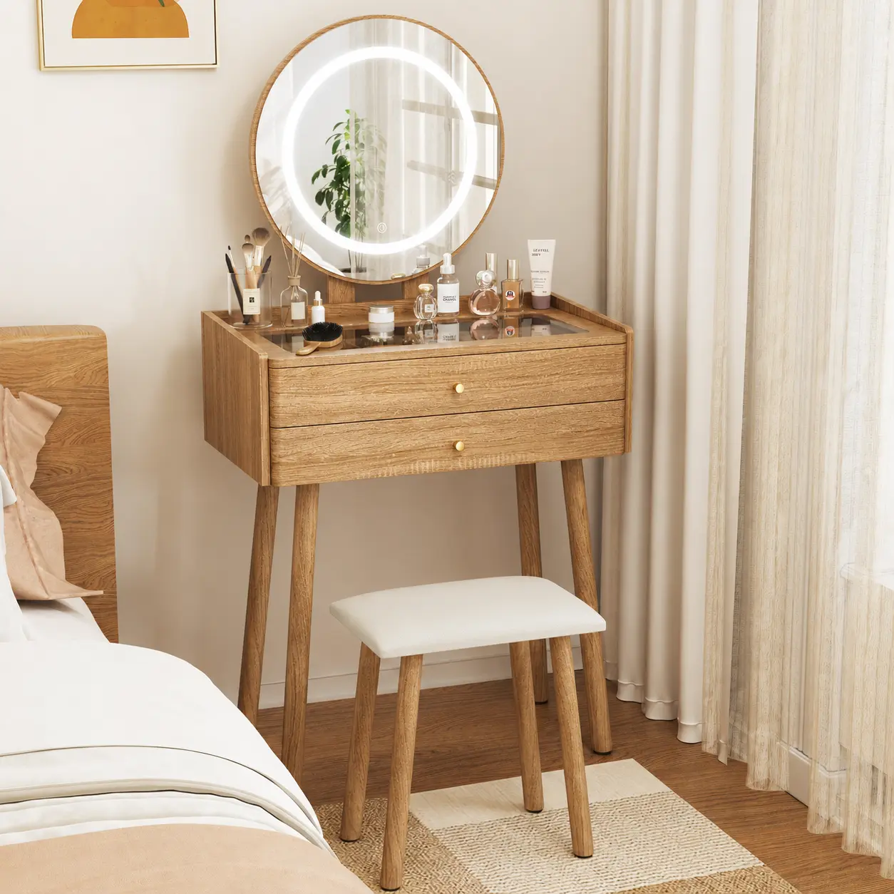Natural Oak Wooden-Effect Stand-Alone Makeup Vanity, Glass Top Small Makeup Vanity with Mirror, 3 Lighting Modes, Cushioned Stool, 2 Drawers, 6-Grid Organizer, Compact for Small Spaces, Small Makeup Vanities，summergarden