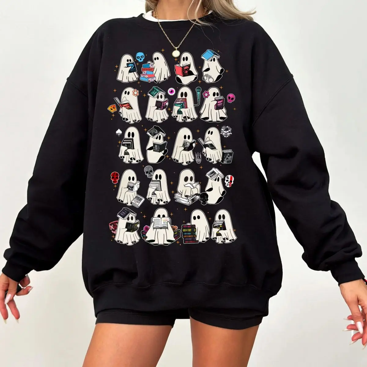 Retro Cozy Ghost Reading Books Halloween Dark Romance Series Shirt Sweatshirt Hoodie, Lights Out, Butcher And Blackbird, The Lords Series, Devils Night, Legacy Of Gods,, Fall Library Boo Ghost Hoodie, Cute Spooky Bookshelf Tee, Unisex Sweater Pullover Tee