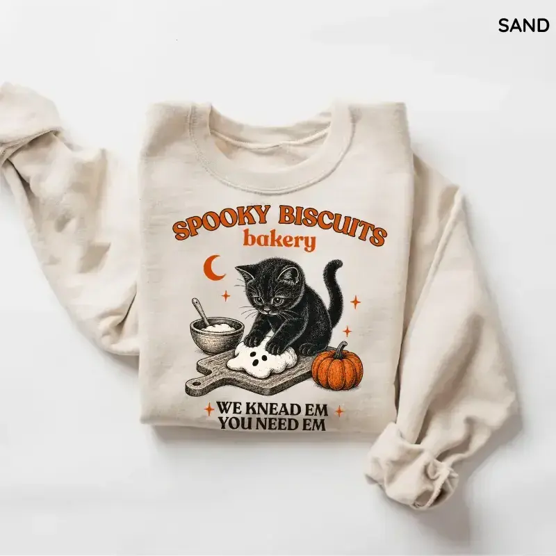 Kitty Biscuits Sweatshirt, Spooky Season Black Cat Halloween Crewneck, Vintage Baking Pumpkin Pullover, Cute Cat Lover Fall Sweatshirt Gift
