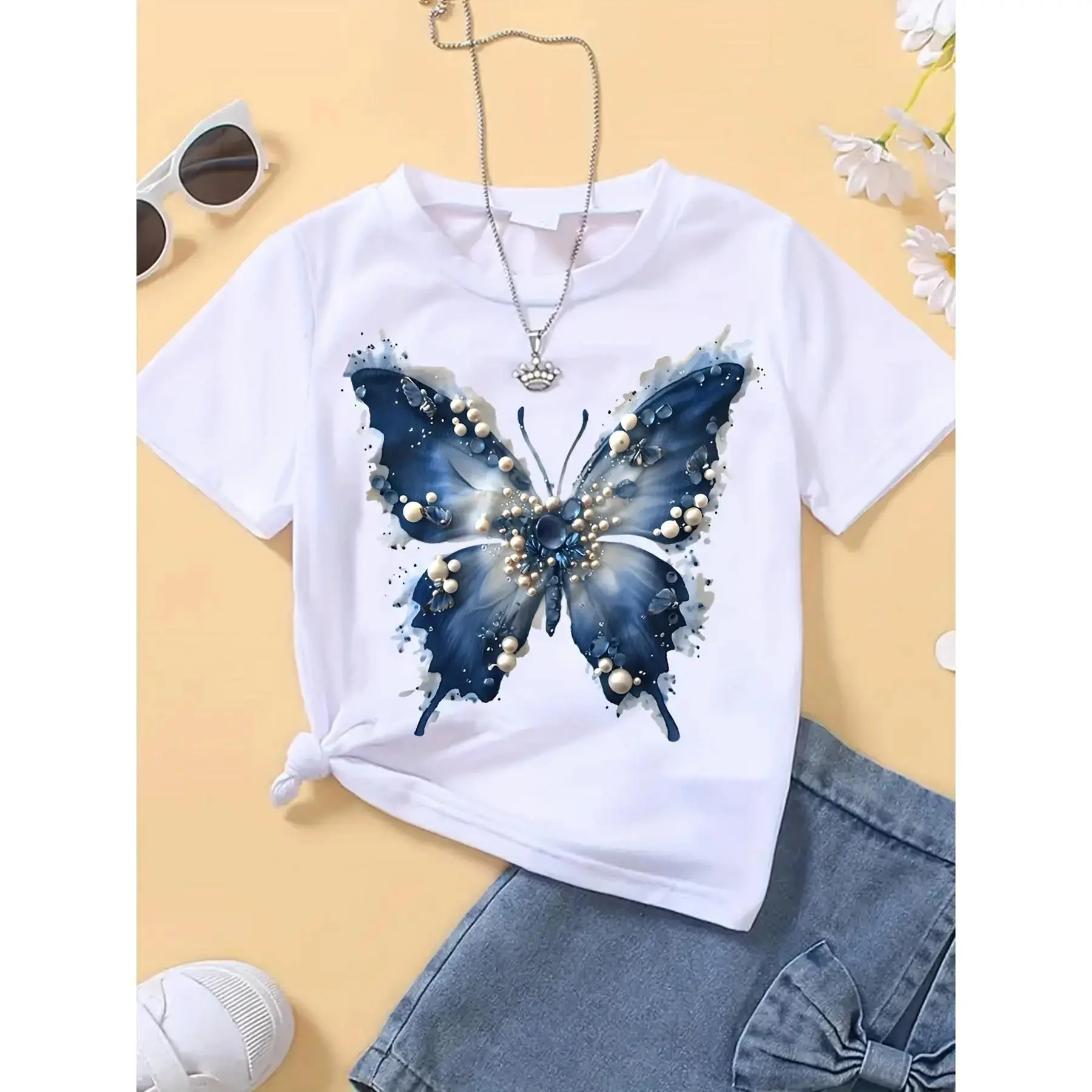 Women's Oversized Butterfly T-Shirt with 3D Pearl Print, Comfortable Breathable Cotton Blend Streetwear Top, Round Neck for Everyday Wear, Graphic, Lightweight, Fit, Tshirt, Fabric, Soft
