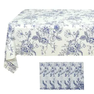 5-Pack Rectangular Plastic Tablecloths 54"x108" – White with Blue French Toile Pattern, PVC Waterproof Disposable Covers