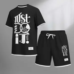 Men's Letter Print Drawstring Shorts Set For Spring/Summer. A Casual Summer Outfit, Including A Short-Sleeved Shirt And Shorts, Suitable For Everyday Wear And Sports. A Two-Piece Set For A Relaxed And Energetic Lifestyle.
