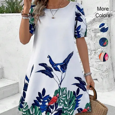 Women's Boho Floral Print Dress, Loose-Fitting Short Sleeve, Round Neck, Plant Pattern, Casual Vacation Wear, All Seasons, Boho Style Clothes